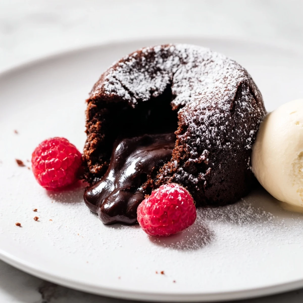 Gooey molten chocolate lava cakes release rich dark chocolate from their centers as they sit on a plate beside fresh raspberries.