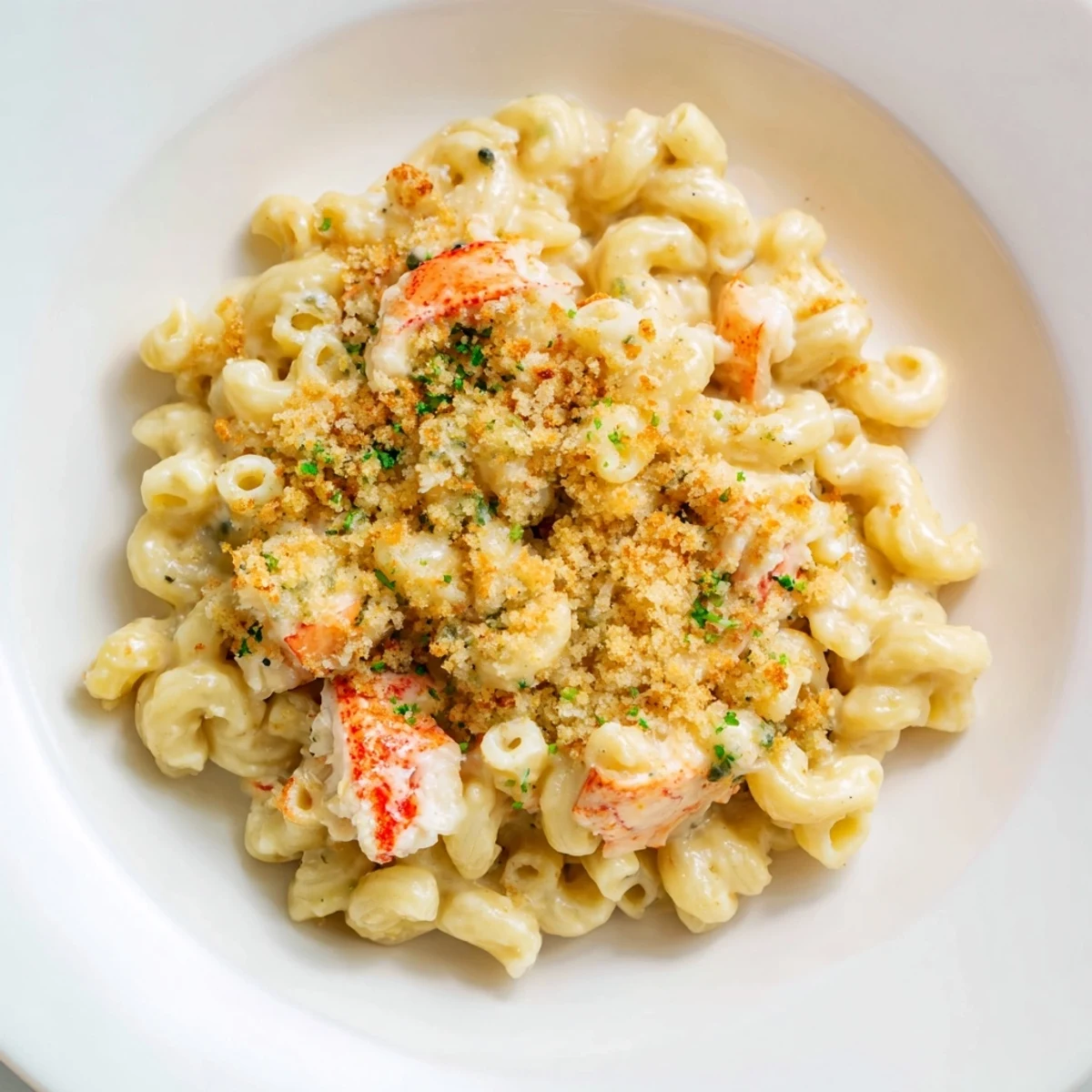 Golden-baked Lobster Macaroni and Cheese with herbed breadcrumbs bubbling in a ceramic dish.  