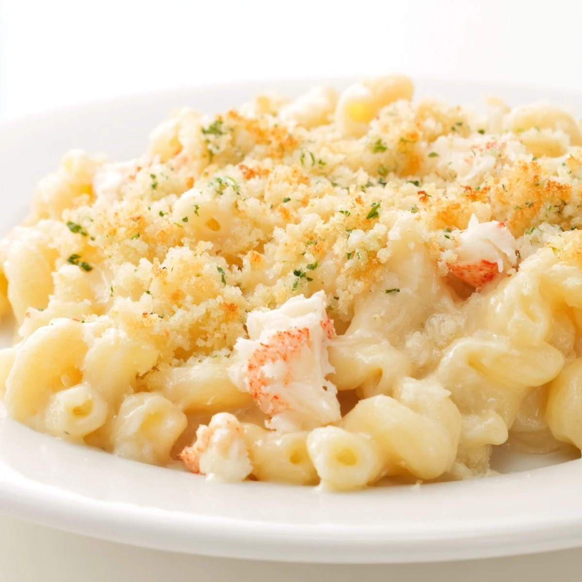 Serving of Lobster Macaroni and Cheese topped with fresh herbs and golden breadcrumbs on a plate.