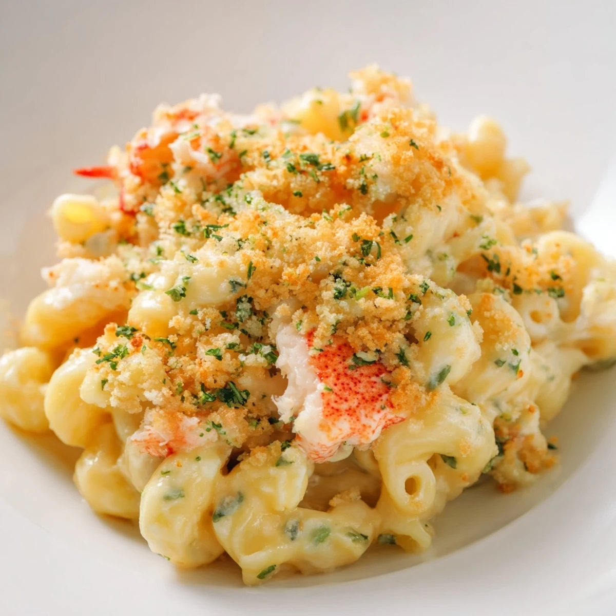 A spoon lifts creamy Lobster Macaroni and Cheese, revealing tender chunks of succulent lobster meat.  