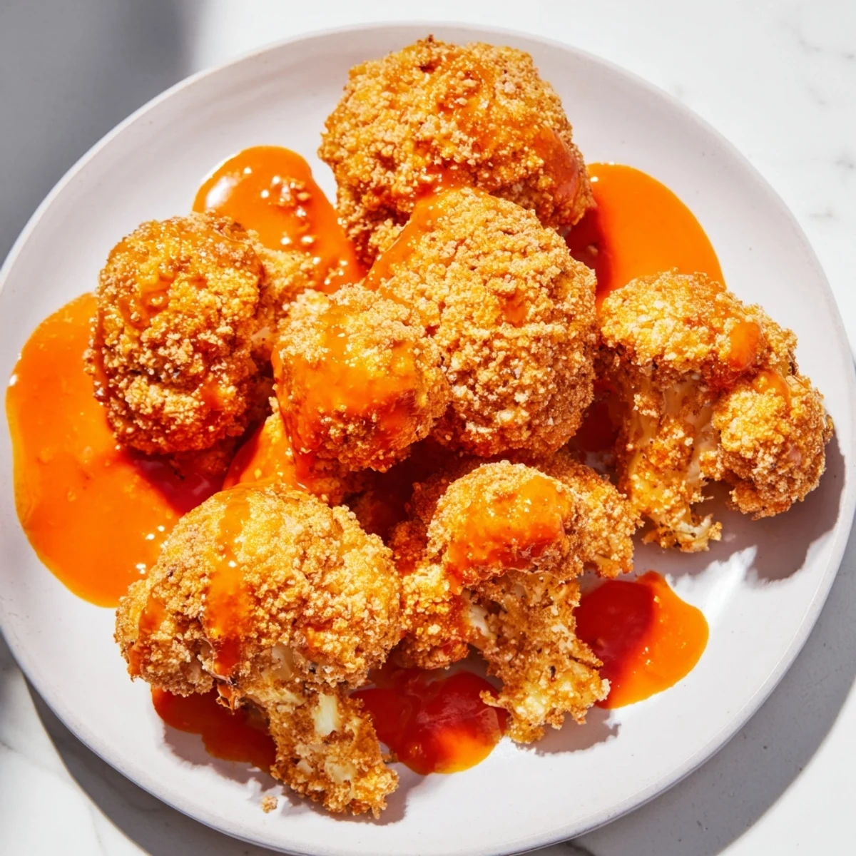 Golden, crispy baked cauliflower bites coated in tangy Buffalo sauce and served with celery sticks.  