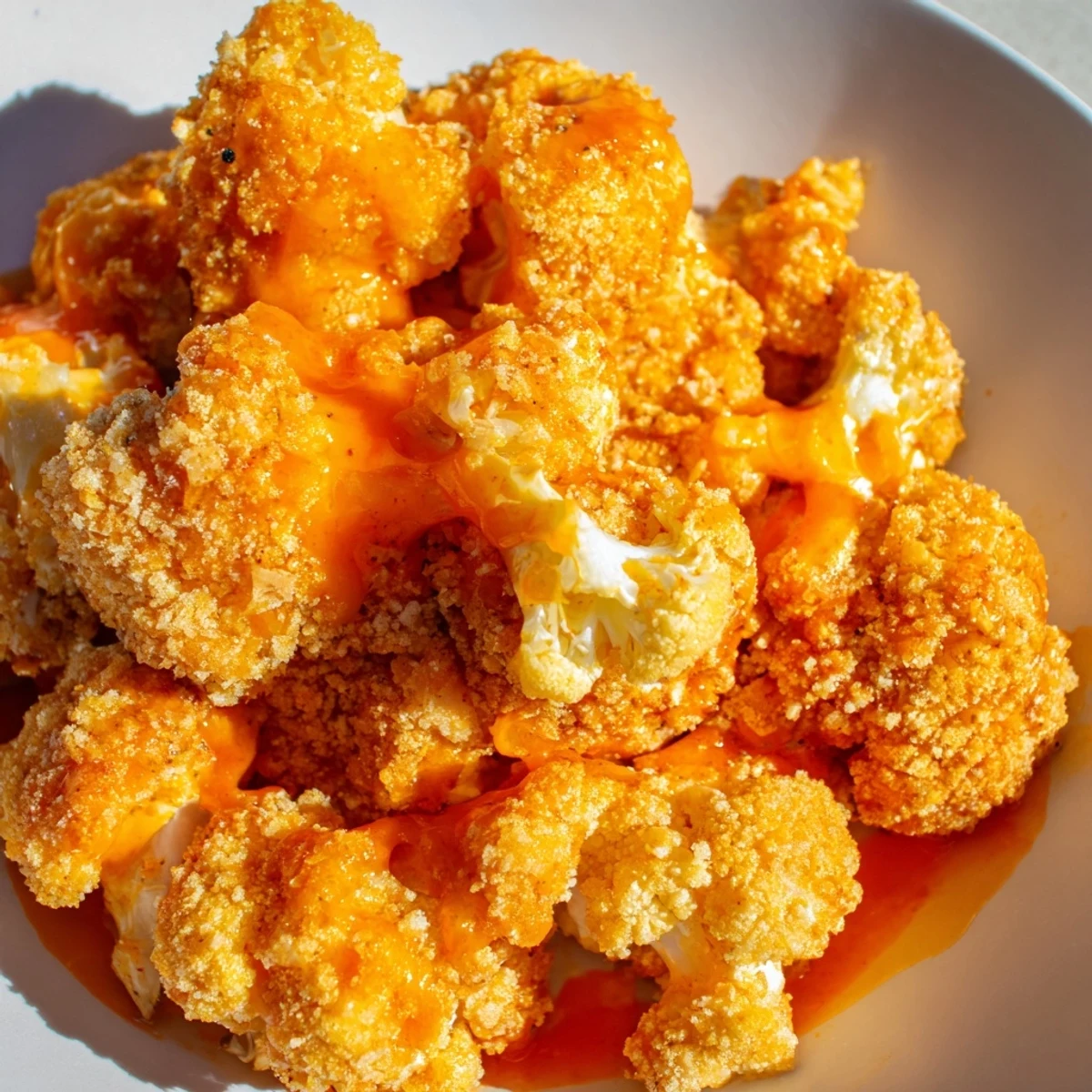 Roasted cauliflower bites glazed in tangy Buffalo sauce, served with ranch dip and fresh veggies.