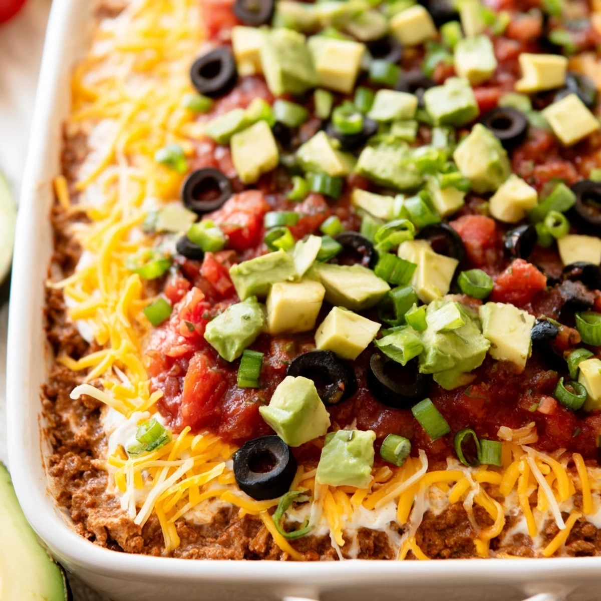 Colorful Ultimate Layered Taco Dip is topped with diced tomatoes, olives, avocado, and cilantro beside tortilla chips.