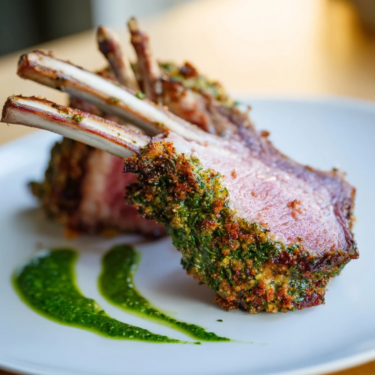 A Mediterranean-inspired plate of Garlic Herb Roasted Rack of Lamb, sliced and drizzled with mint sauce, ready for a family dinner.