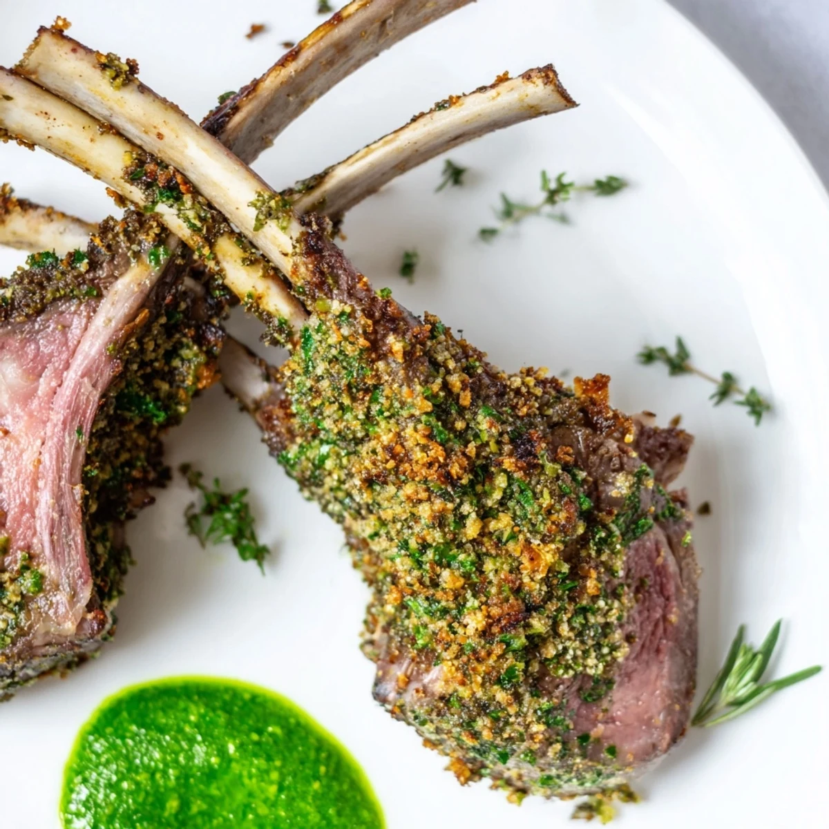 A rack of Garlic Herb Roasted Rack of Lamb with Mint Sauce resting on a rustic cutting board, sliced to show a juicy, pink interior.