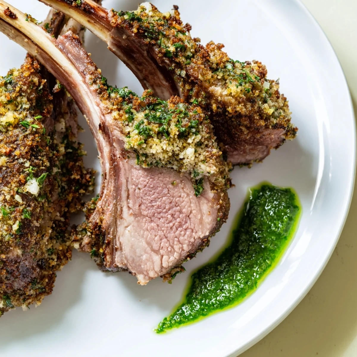 Fresh rosemary and thyme garnish the golden, herb-crusted lamb chops, served alongside a vibrant green mint sauce in a small bowl.