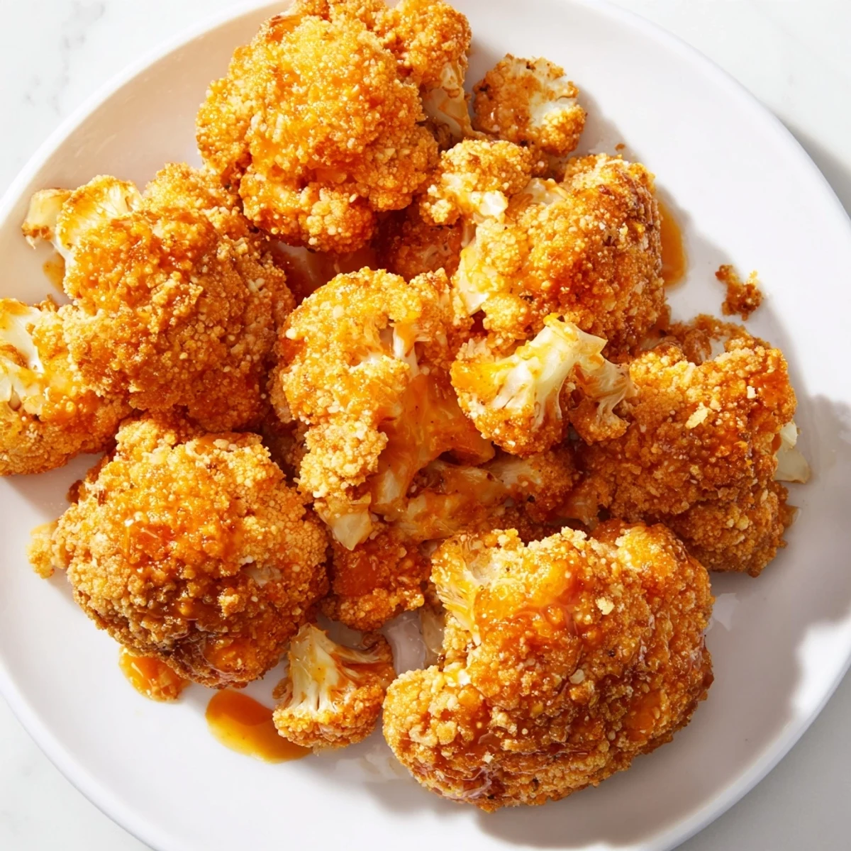 Crispy baked cauliflower bites coated in tangy buffalo sauce and served with cool ranch dip.