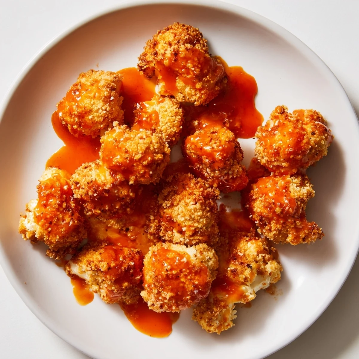 Golden, oven-baked cauliflower florets tossed in spicy buffalo sauce for a crunchy vegetarian appetizer.