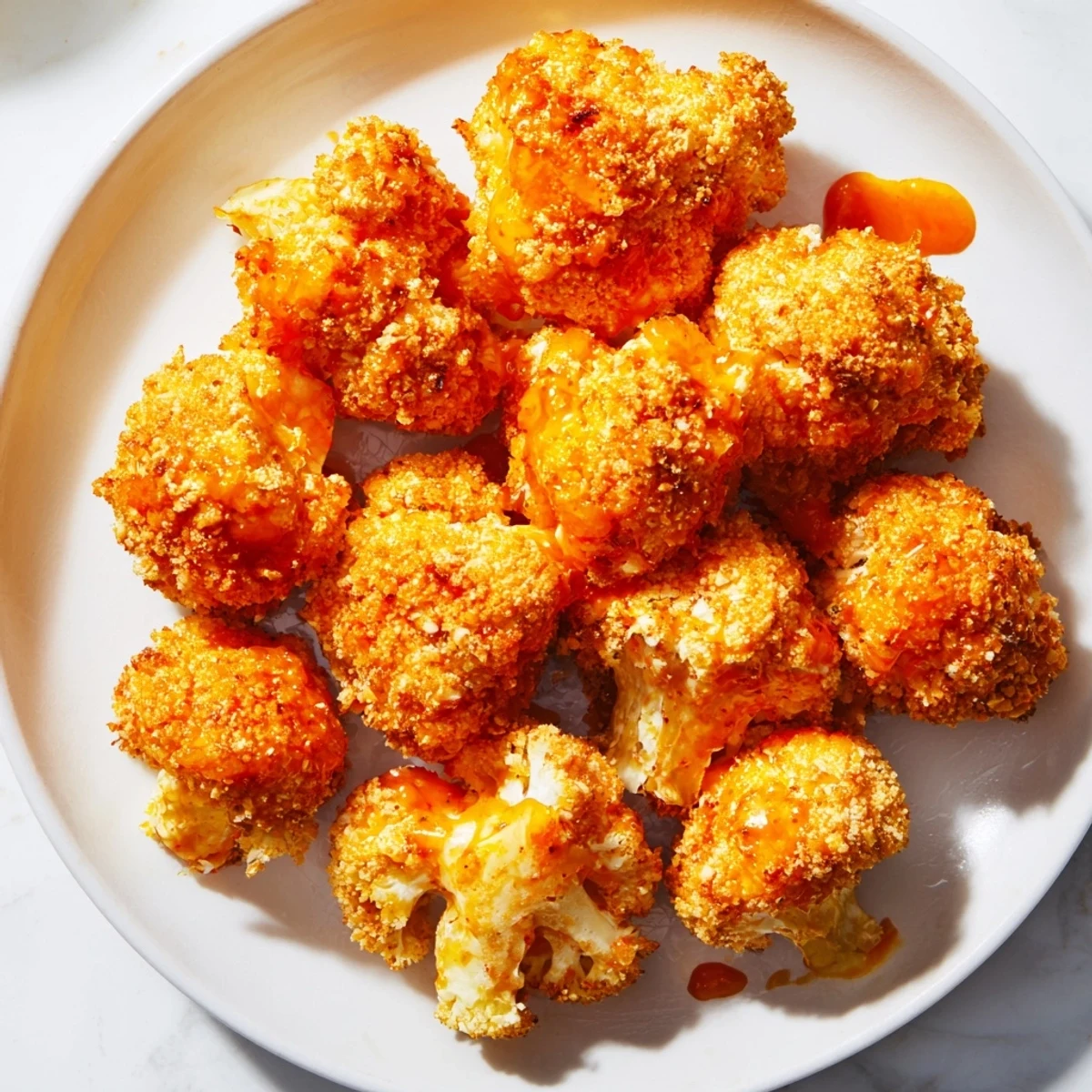 Breaded cauliflower bites baked until crisp, drizzled with hot buffalo sauce and served with celery sticks.
