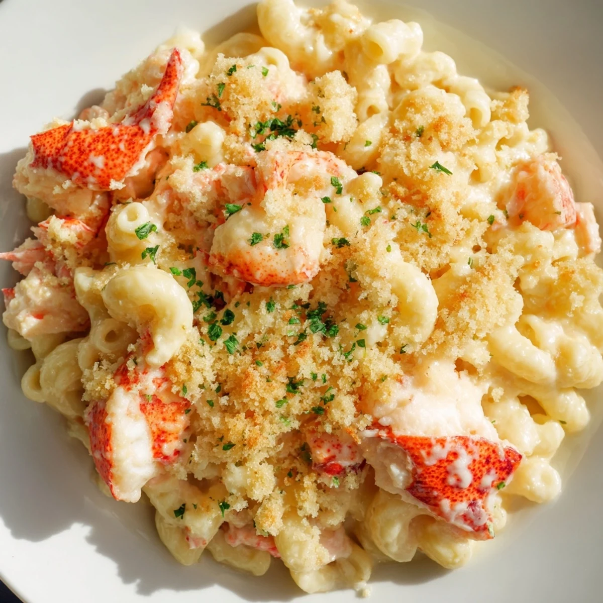 A close-up of baked Lobster Macaroni and Cheese with herbed breadcrumbs, revealing a creamy, golden-topped casserole.