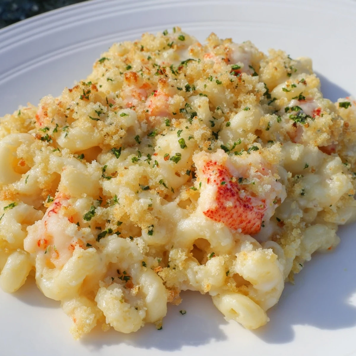 Freshly baked Lobster Macaroni and Cheese is served from a white dish, showcasing tender lobster chunks in every spoonful.