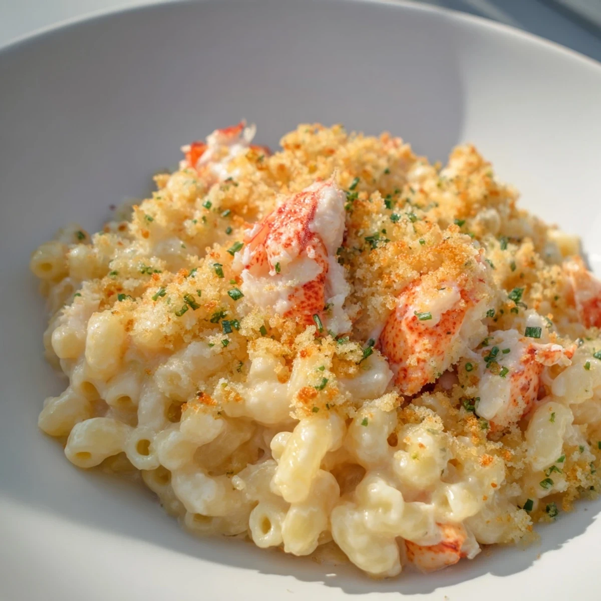 Crusty herbed breadcrumbs top this golden-brown Lobster Macaroni and Cheese, ready to be paired with a glass of wine.
