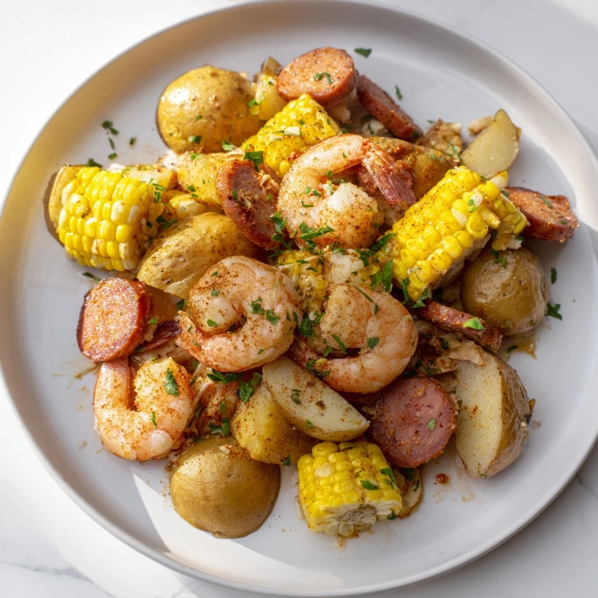 Sheet Pan Shrimp Boil with Corn and Potatoes, featuring juicy pink shrimp, golden roasted corn, and tender baby potatoes on a colorful sheet pan.