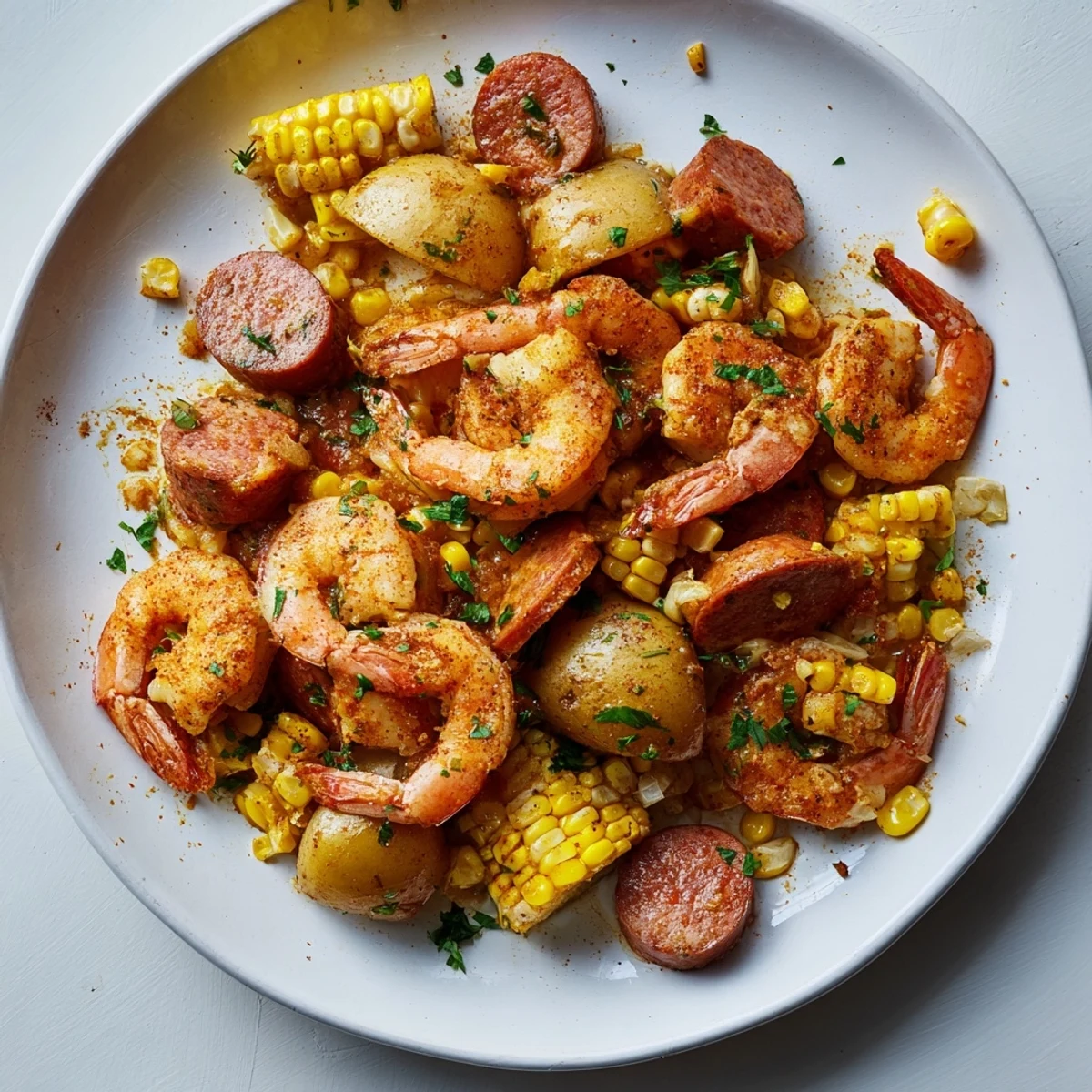 A close-up of the vibrant Sheet Pan Shrimp Boil with Corn and Potatoes, highlighting smoky sausage and zesty Old Bay-seasoned vegetables.