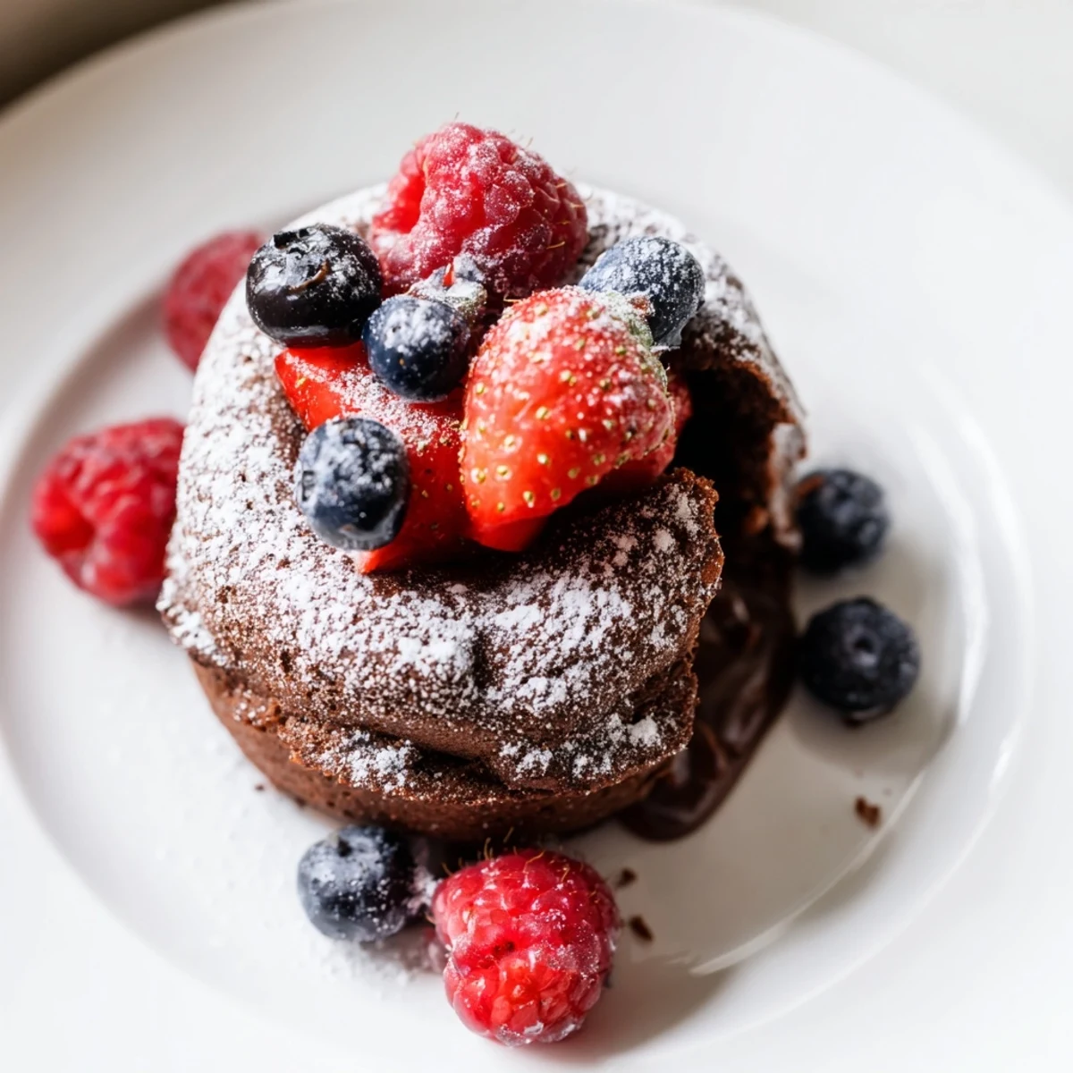 Golden-brown Valentine Molten Chocolate Lava Cakes with Berries topped with fresh, juicy mixed berries and a light dusting of powdered sugar.  