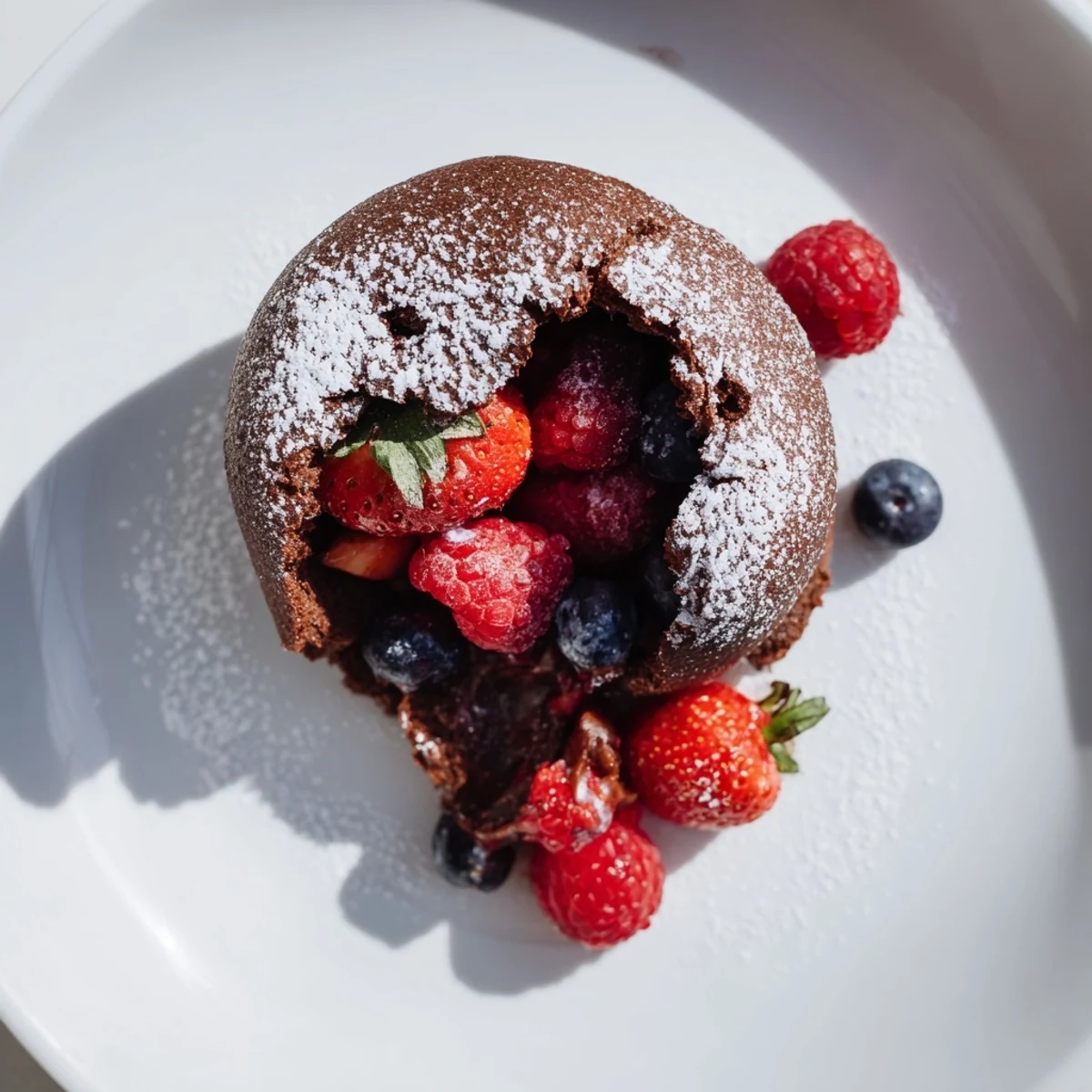 Warm Valentine Molten Chocolate Lava Cakes with Berries, sliced to reveal a gooey, decadent center on a dessert plate.  
