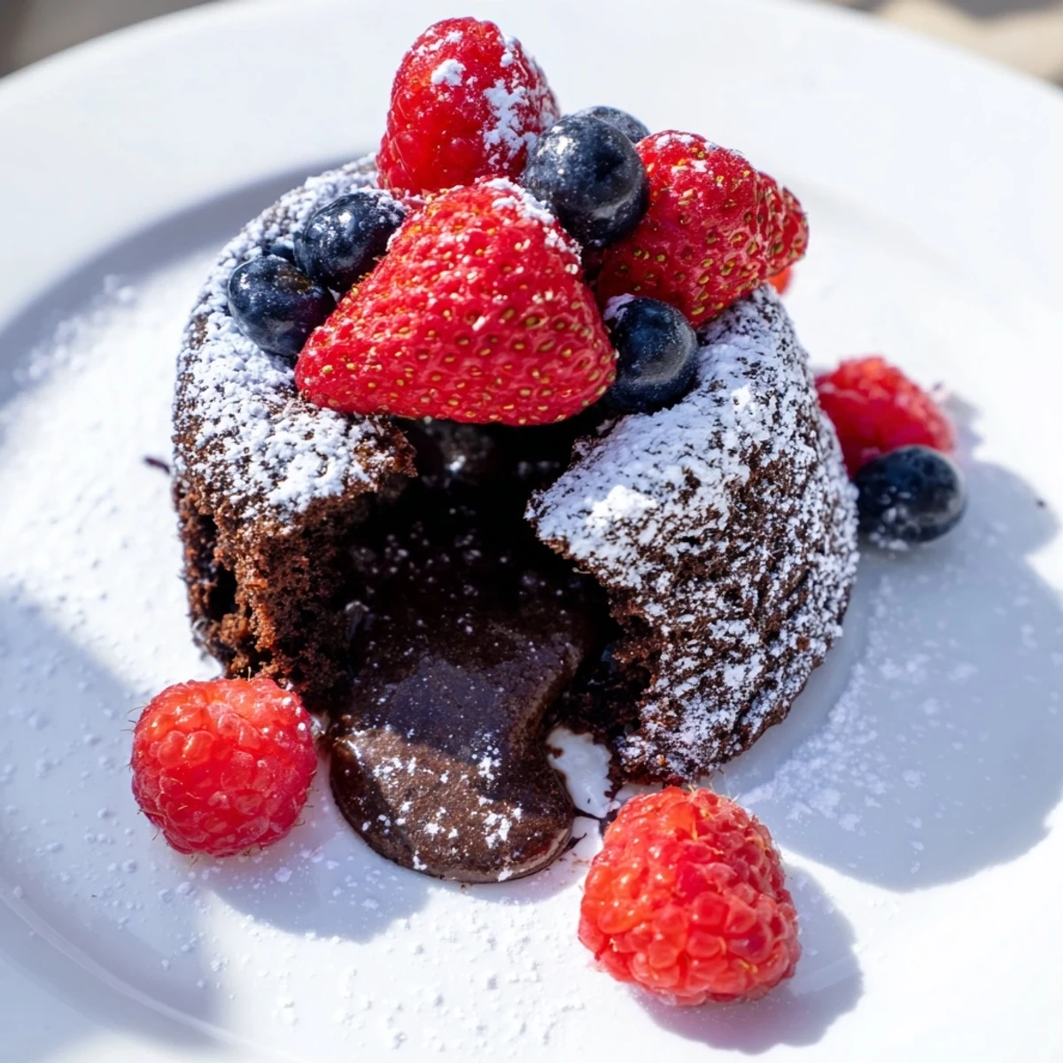 Romantic Valentine Molten Chocolate Lava Cakes with Berries served warm alongside whipped cream and vibrant red strawberries on a white plate.