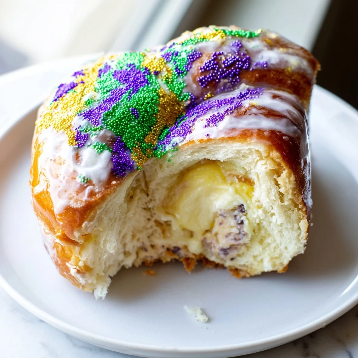 Golden-brown Mardi Gras King Cake, generously drizzled with white icing and vibrant purple, green, and gold sprinkles, displayed on a festive wooden board.