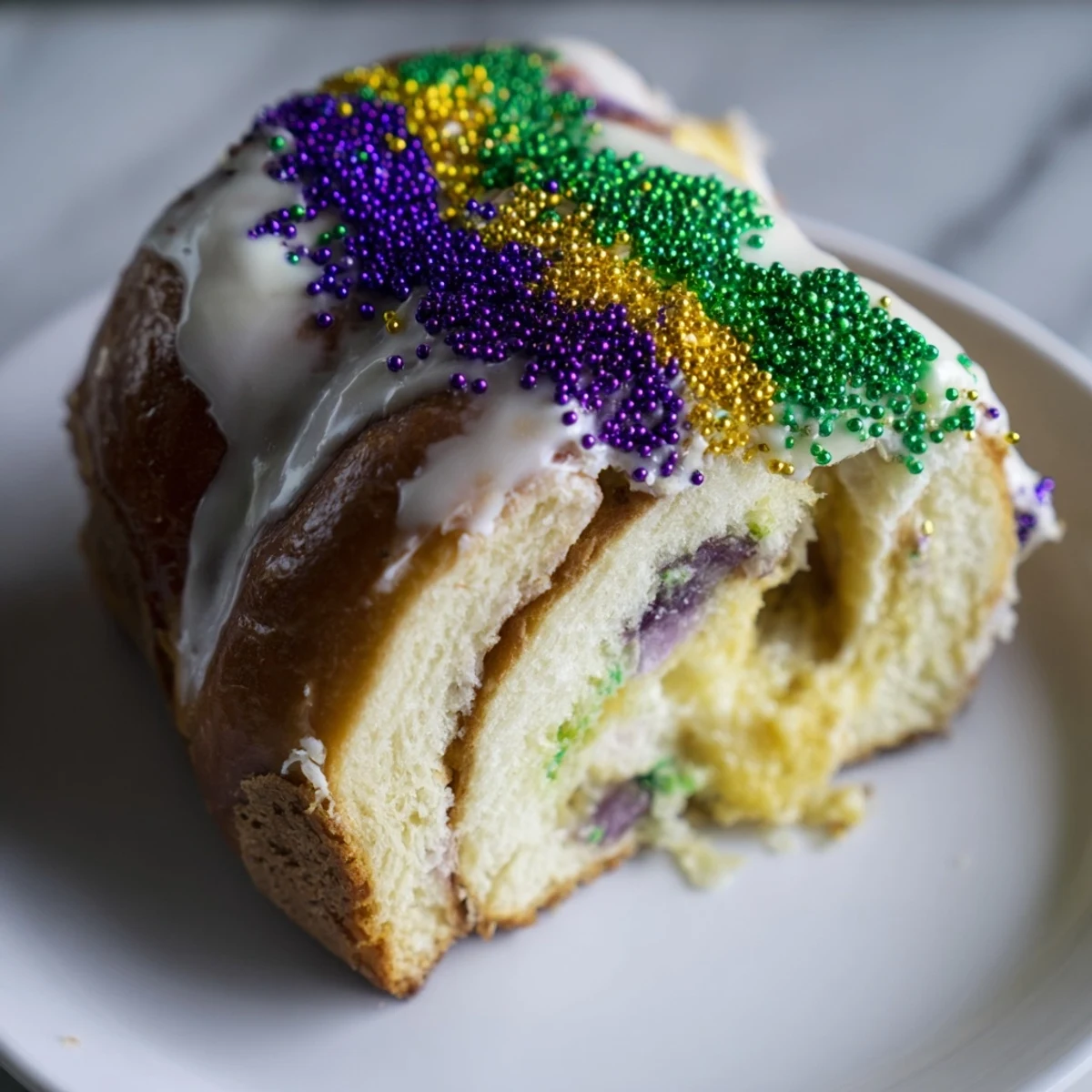 A slice of Mardi Gras King Cake reveals soft brioche layers and rich, creamy filling, perfect for a New Orleans-inspired dessert table.