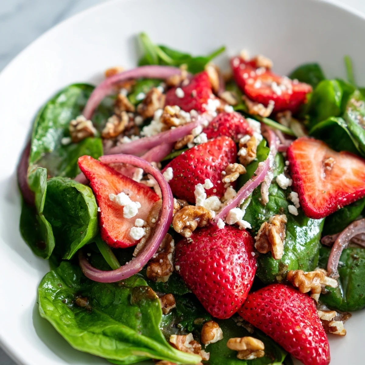Freshly made Strawberry Walnut Spinach Salad with Balsamic tossed in a rich vinaigrette, featuring juicy berries, red onion, and feta for a refreshing side dish.