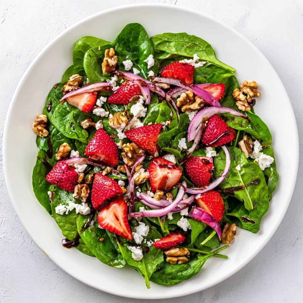 Bright baby spinach leaves topped with sweet sliced strawberries, crunchy toasted walnuts, and crumbled feta cheese in a vibrant bowl, ready for a healthy lunch.