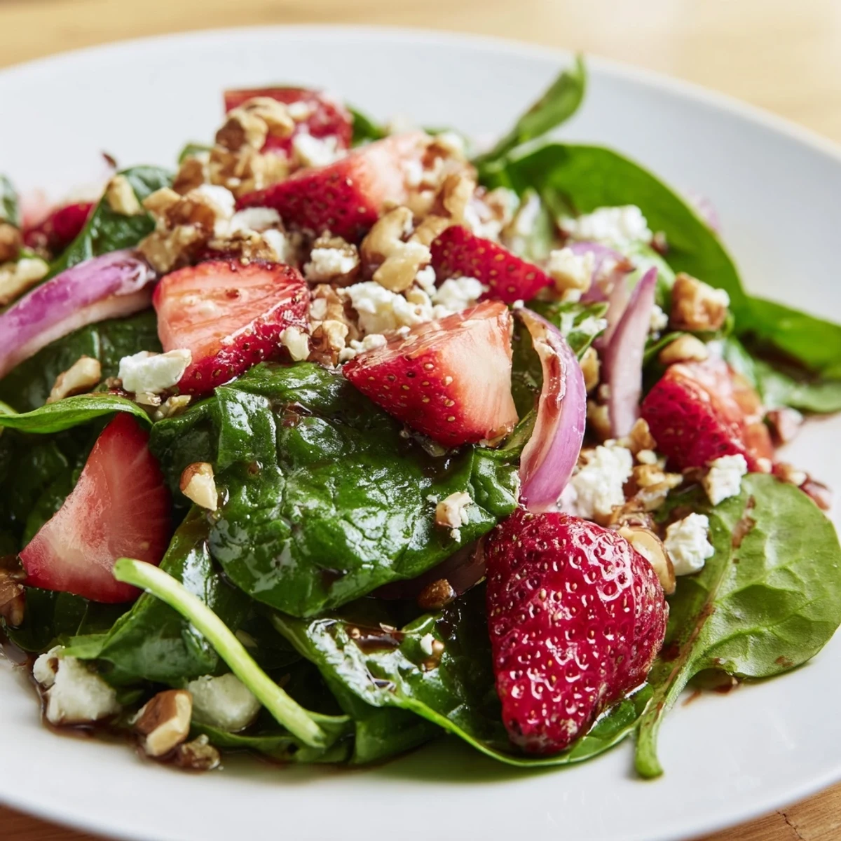 An overhead view of the Strawberry Walnut Spinach Salad with Balsamic, showcasing glistening spinach, sliced strawberries, and toasted nuts perfect for a light vegetarian dinner.