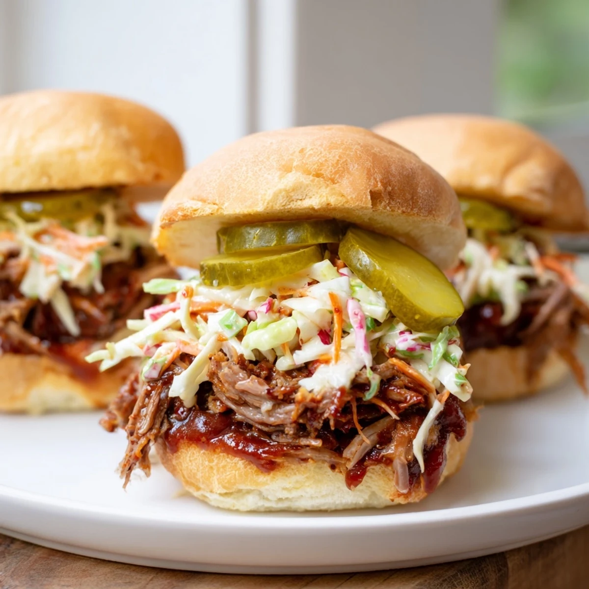 Tender shredded brisket stacked on slider buns with tangy slaw and pickles for game day.