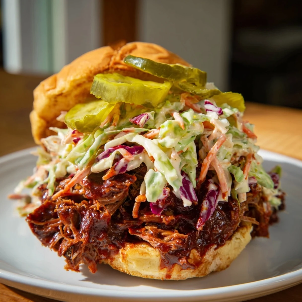 Smoky beef brisket sliders topped with crunchy pickles and creamy coleslaw, served on mini buns.