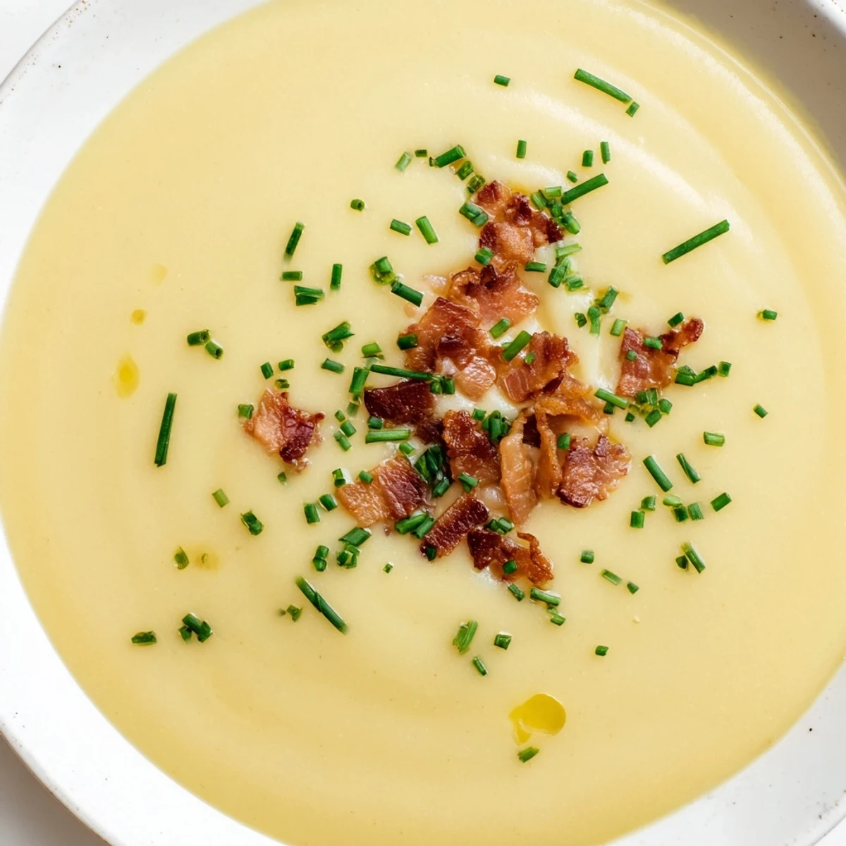 Creamy potato and leek soup with turkey bacon served in a rustic bowl, garnished with fresh chives for a comforting meal.  