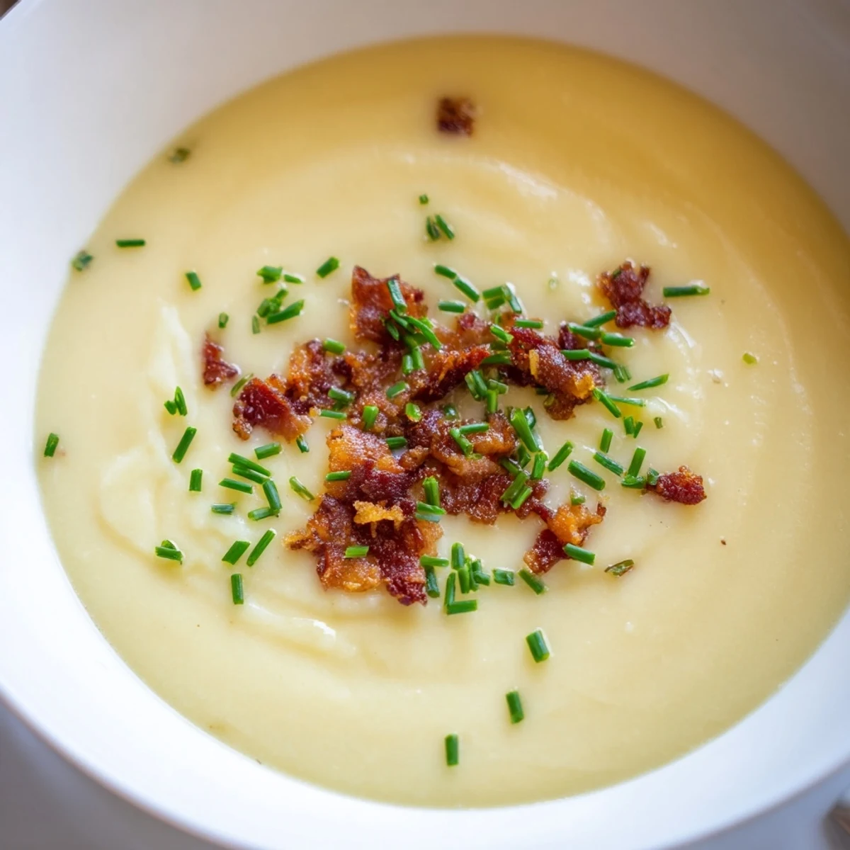 A bowl of creamy potato and leek soup topped with crispy turkey bacon and herbs, ideal for chilly autumn evenings.  