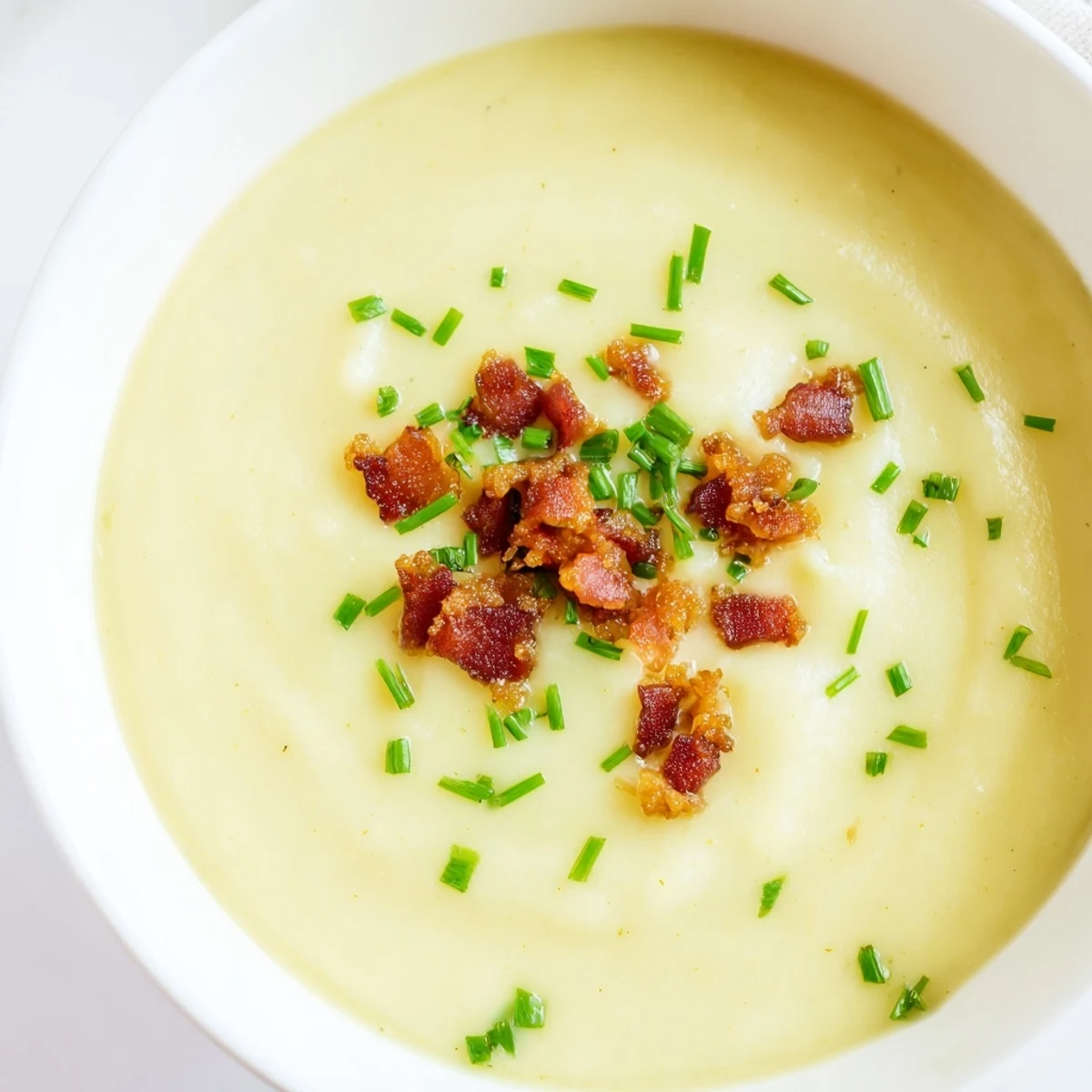 Velvety creamy potato and leek soup with turkey bacon beside crusty bread, steaming gently on a cozy kitchen table.