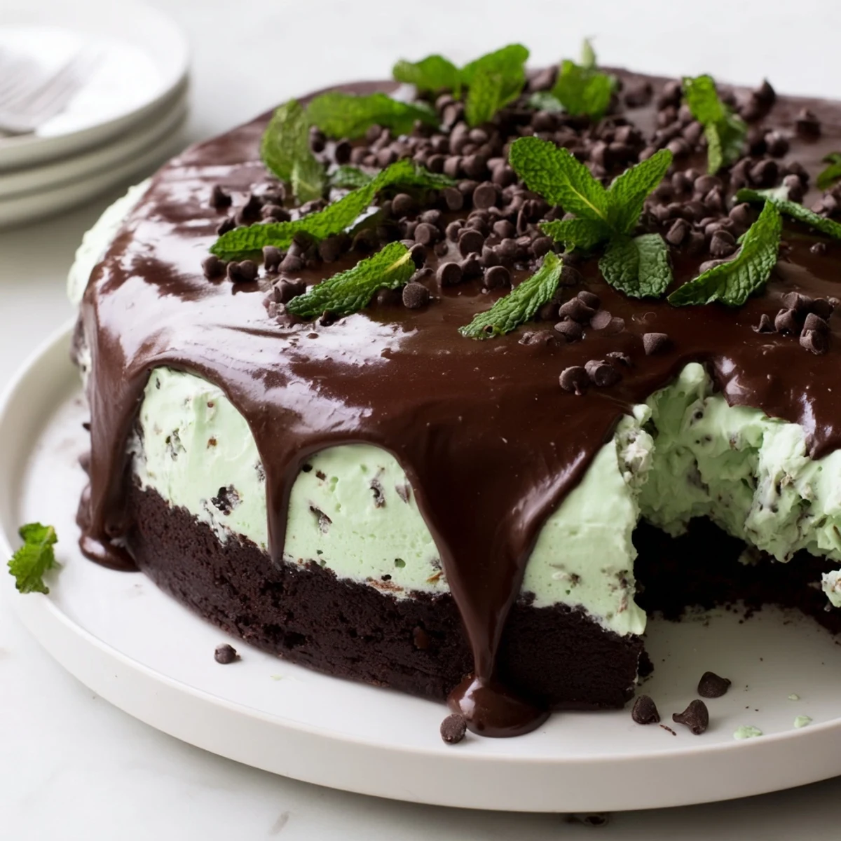 A slice of mint chocolate chip ice cream cake shows rich chocolate layers and green mint flecks under glossy ganache.