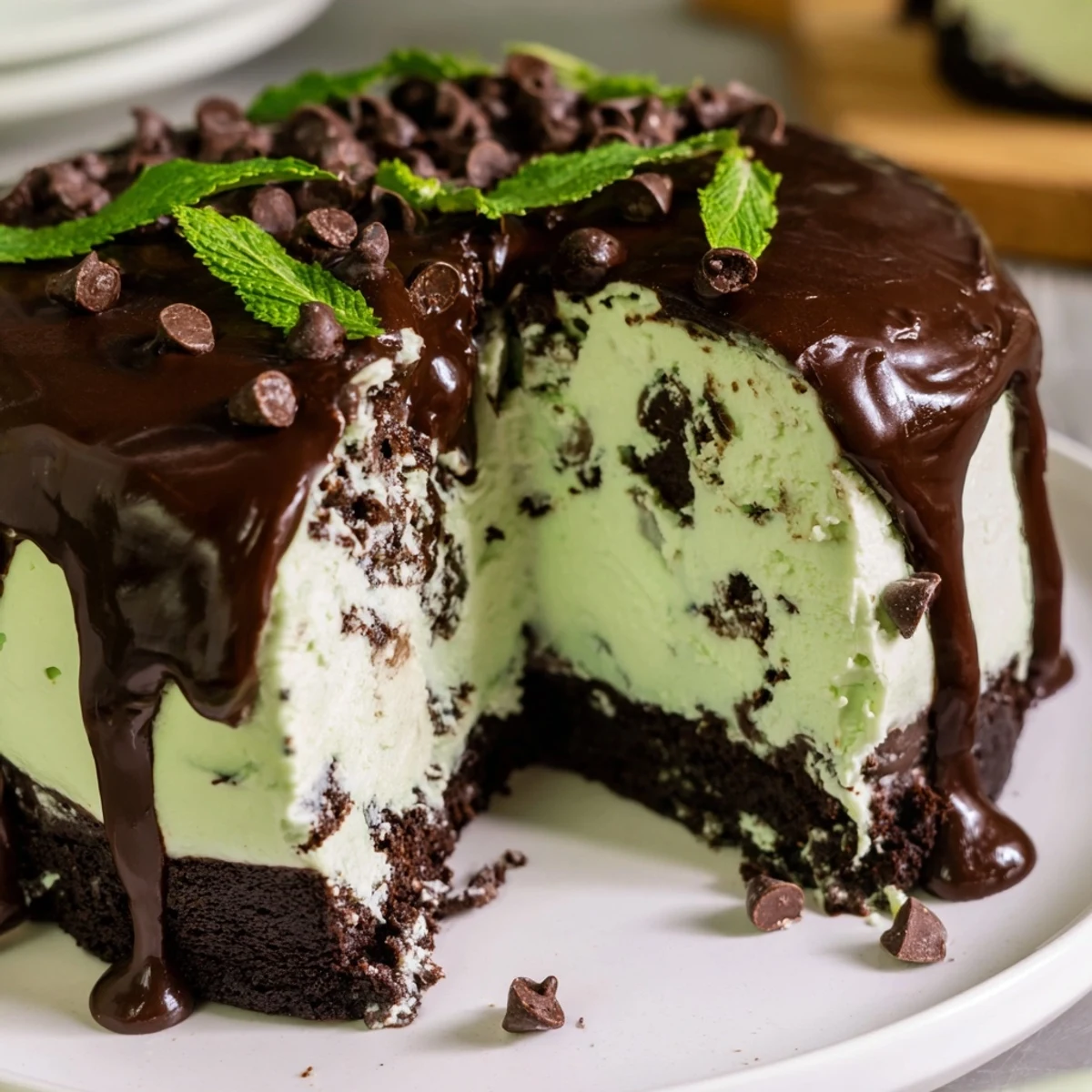 Indulgent mint chocolate chip ice cream cake topped with chocolate ganache and fresh mint leaves, ready to serve.