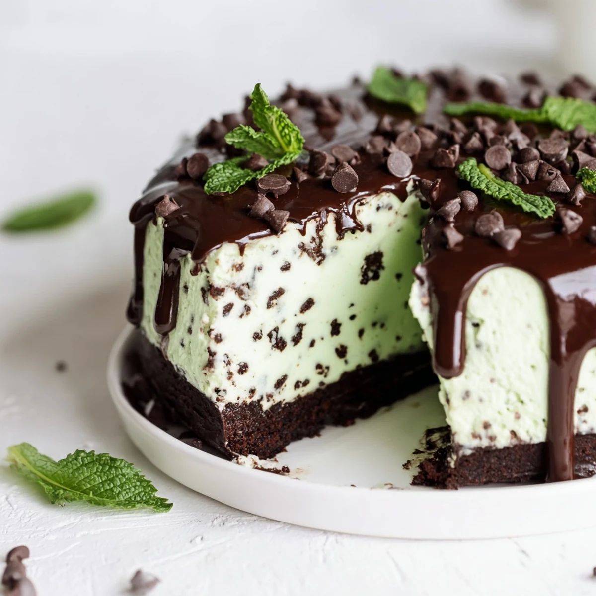 A close-up of mint chocolate chip ice cream cake highlights creamy mint filling between moist chocolate cake layers.
