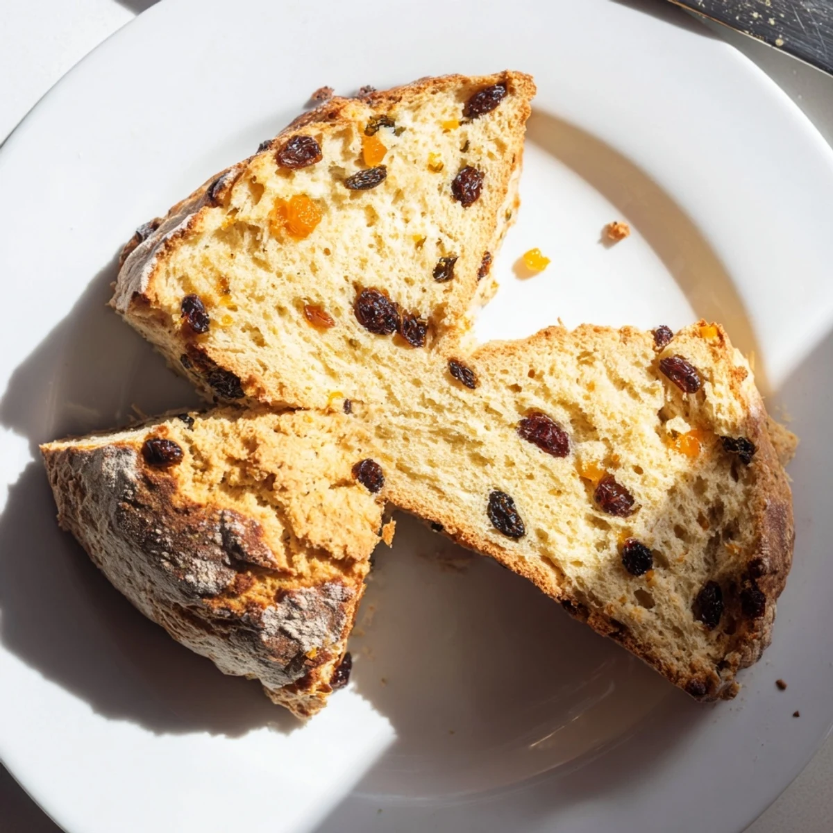 Freshly baked Irish Soda Bread with Raisins and Orange Zest on a rustic wooden board, showcasing a golden crust and soft interior.  