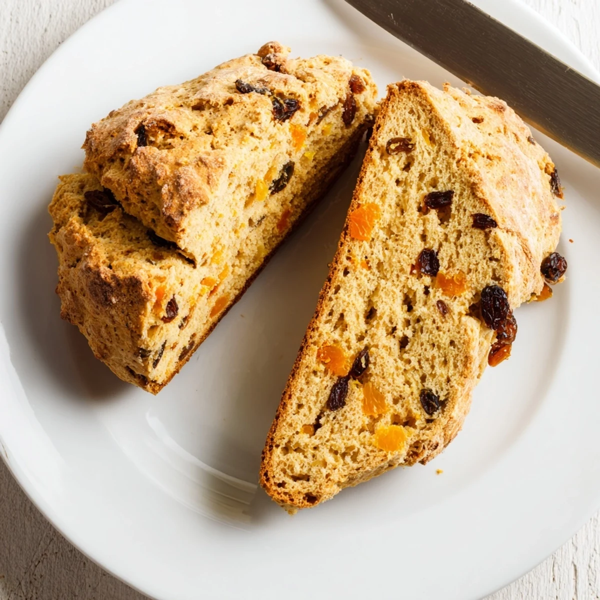 Homemade Irish Soda Bread with Raisins and Orange Zest, featuring a deep cross on top and scattered raisins on the crumb.