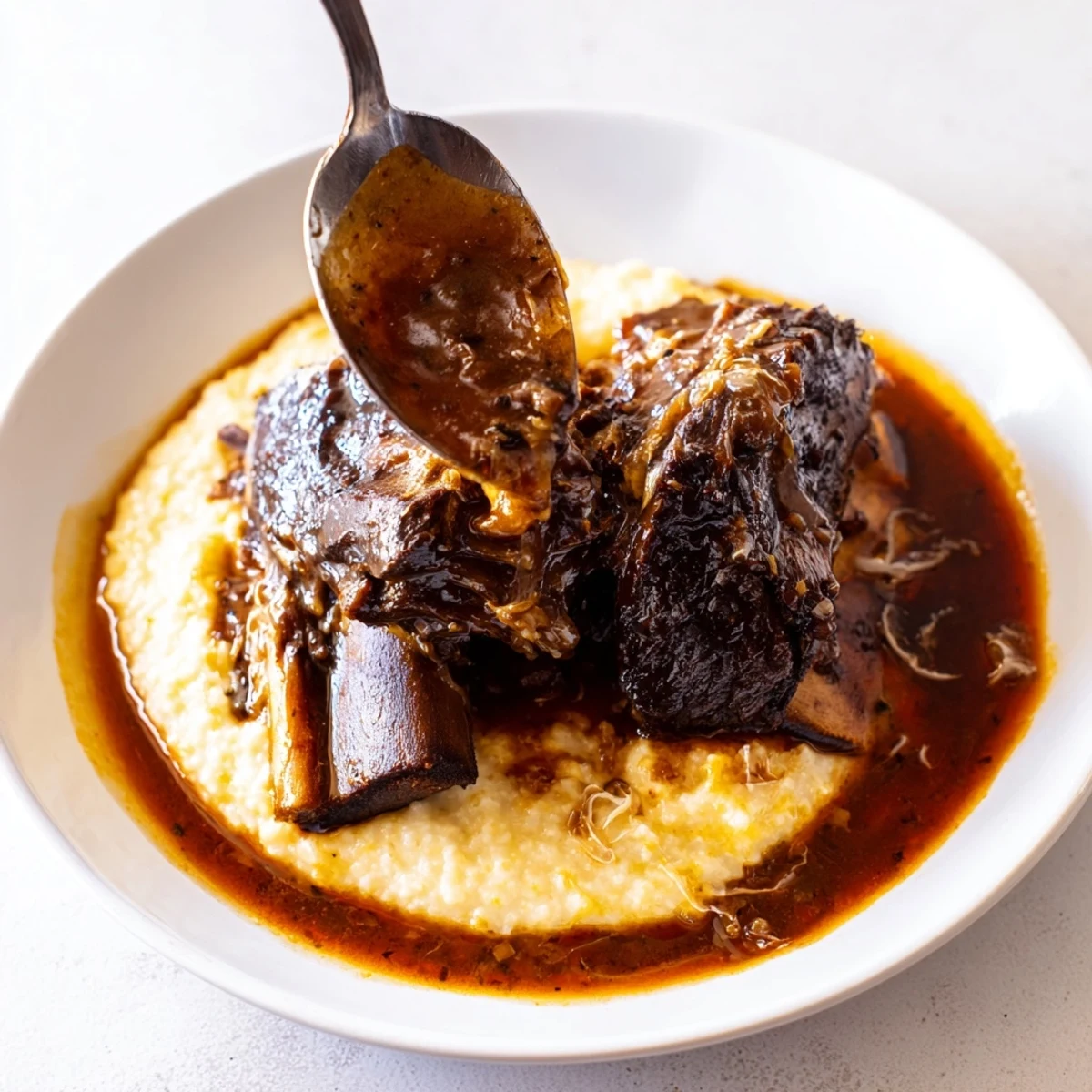 A close-up of Braised Beef Short Ribs with Creamy Polenta, showing shredded beef nestled into velvety, buttery polenta.  
