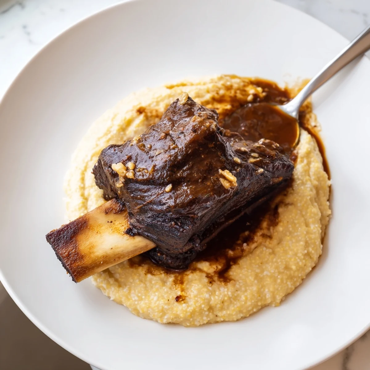 Braised Beef Short Ribs with Creamy Polenta served on a white plate, with a glossy red wine reduction and tender meat falling off the bone.  