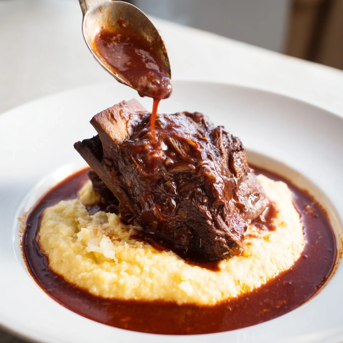 Enjoy Braised Beef Short Ribs with Creamy Polenta, a rich Italian-American comfort food perfect for cozy family dinners.