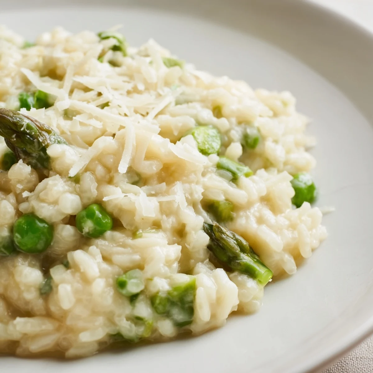 Creamy Asparagus and Pea Risotto with Parmesan served in a white bowl, garnished with fresh herbs and a lemon wedge.