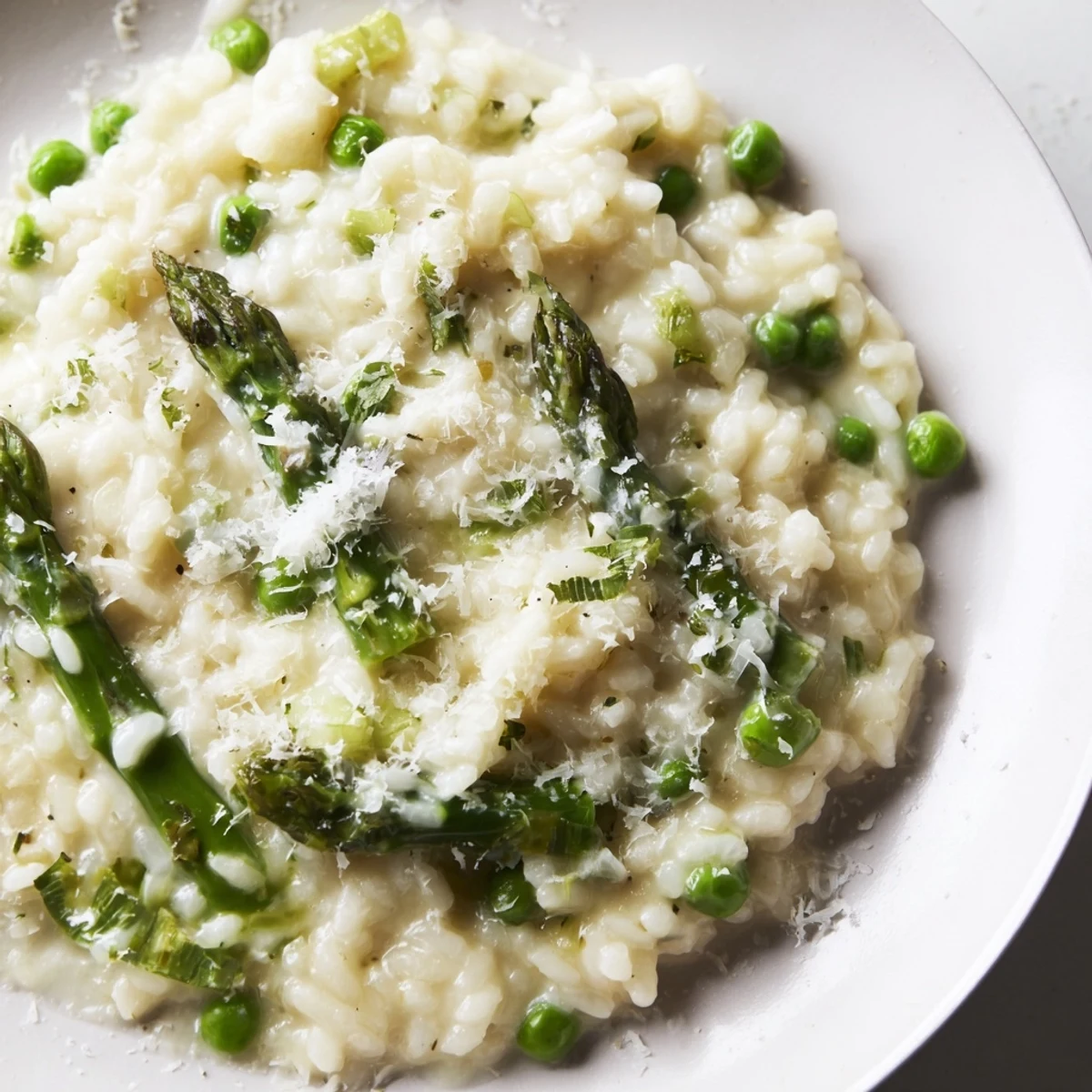 A steaming bowl of Asparagus and Pea Risotto with Parmesan, featuring tender green veggies and a rich, velvety sauce.