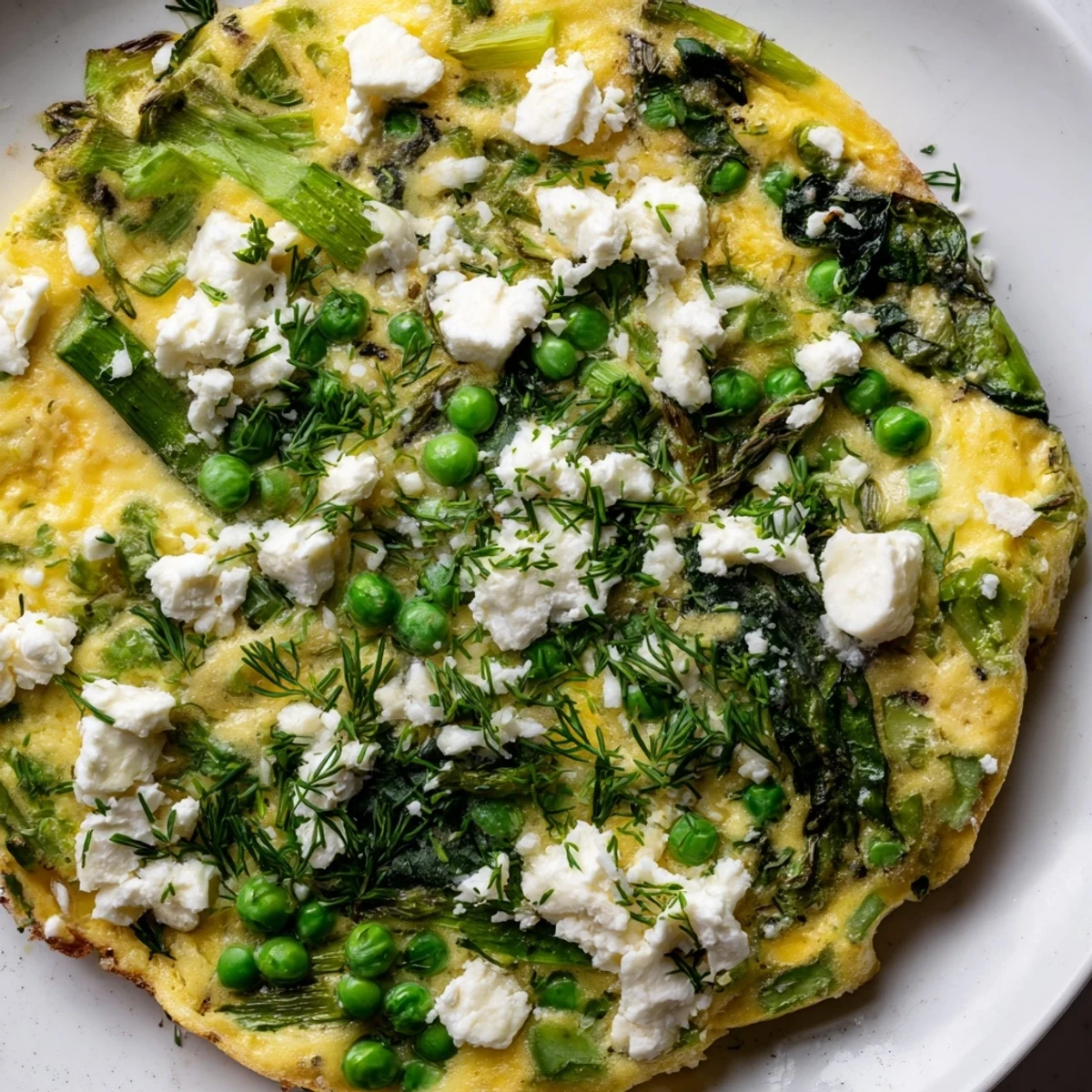 A golden, puffy Spring Vegetable Frittata with Goat Cheese and Herbs, featuring asparagus and peas, served warm on a rustic plate.  