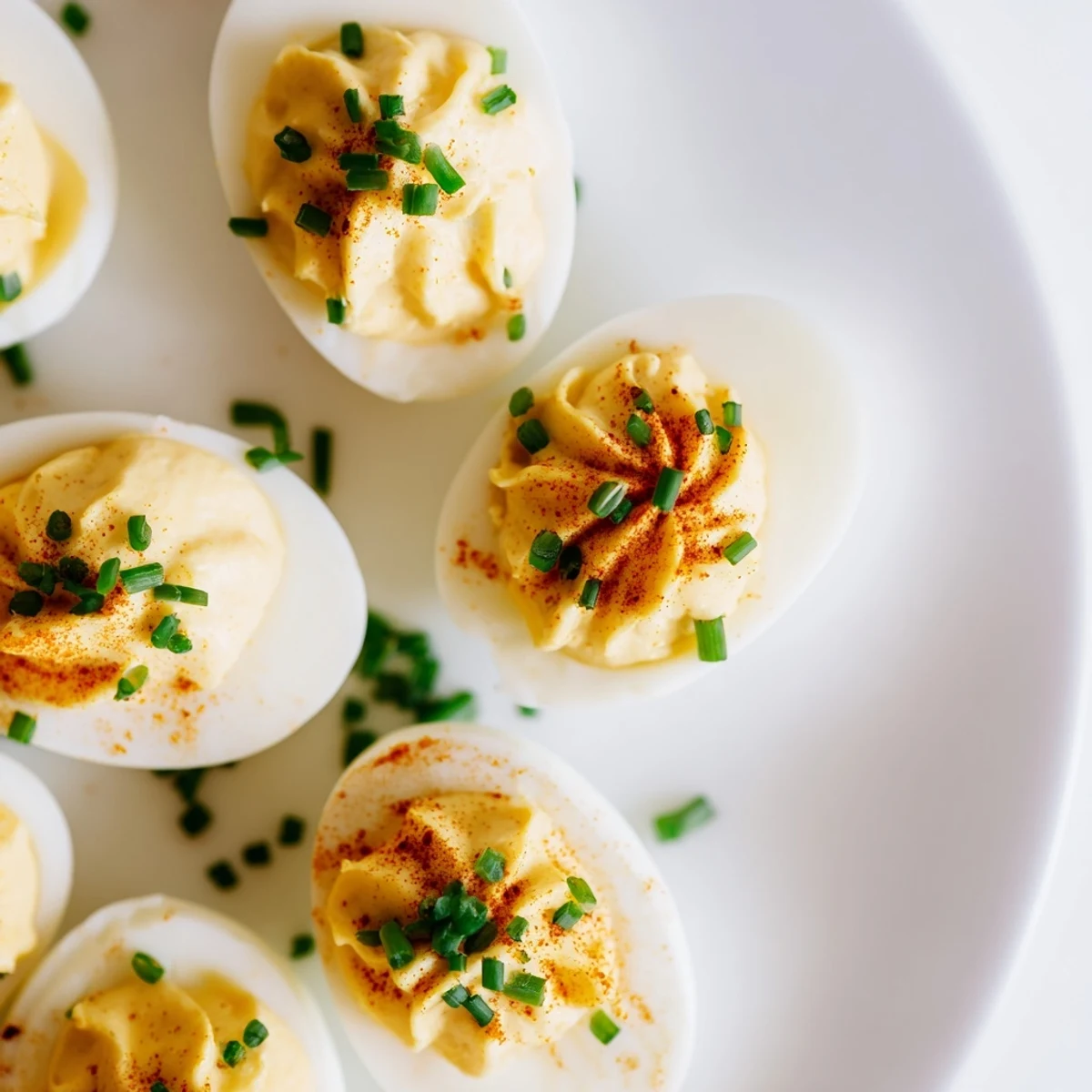 Freshly made deviled eggs with chives and smoked paprika, arranged on a platter for a party appetizer.