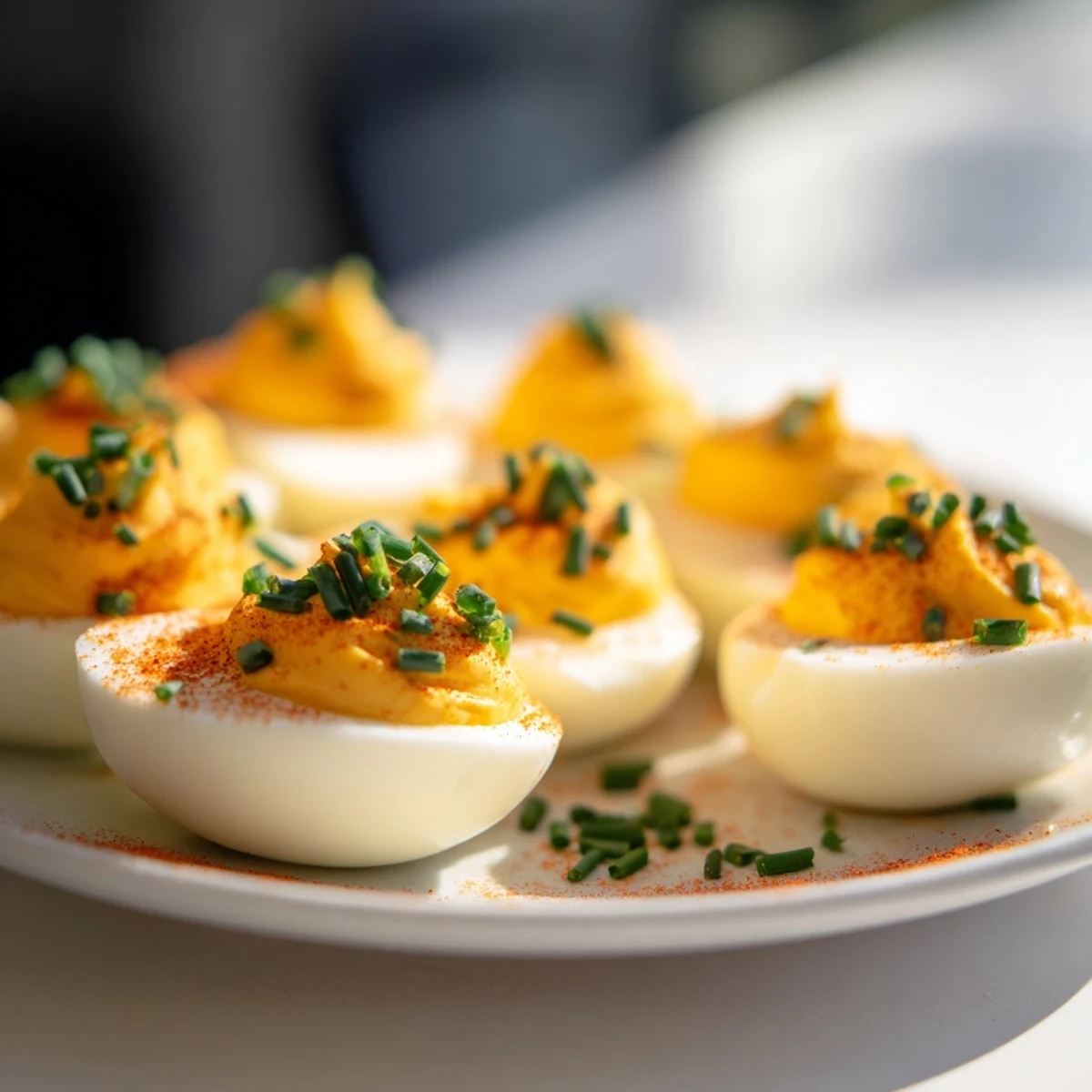 Bright halved eggs topped with chives and a dusting of smoked paprika, served chilled.