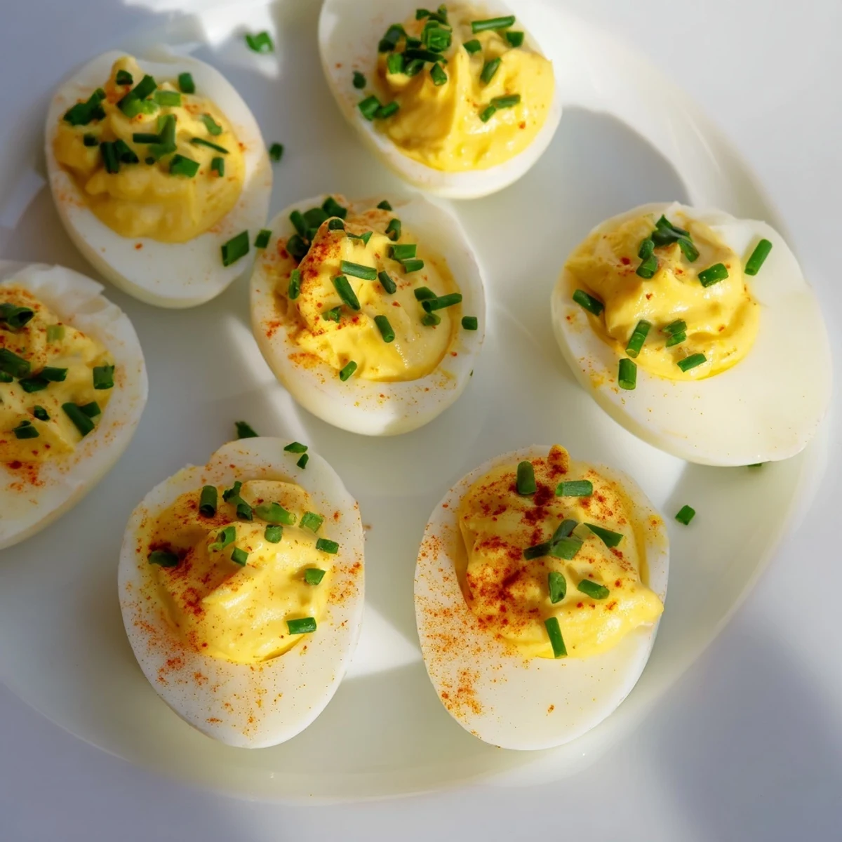 Classic deviled eggs with chives and smoked paprika, garnished with herbs on a serving dish.