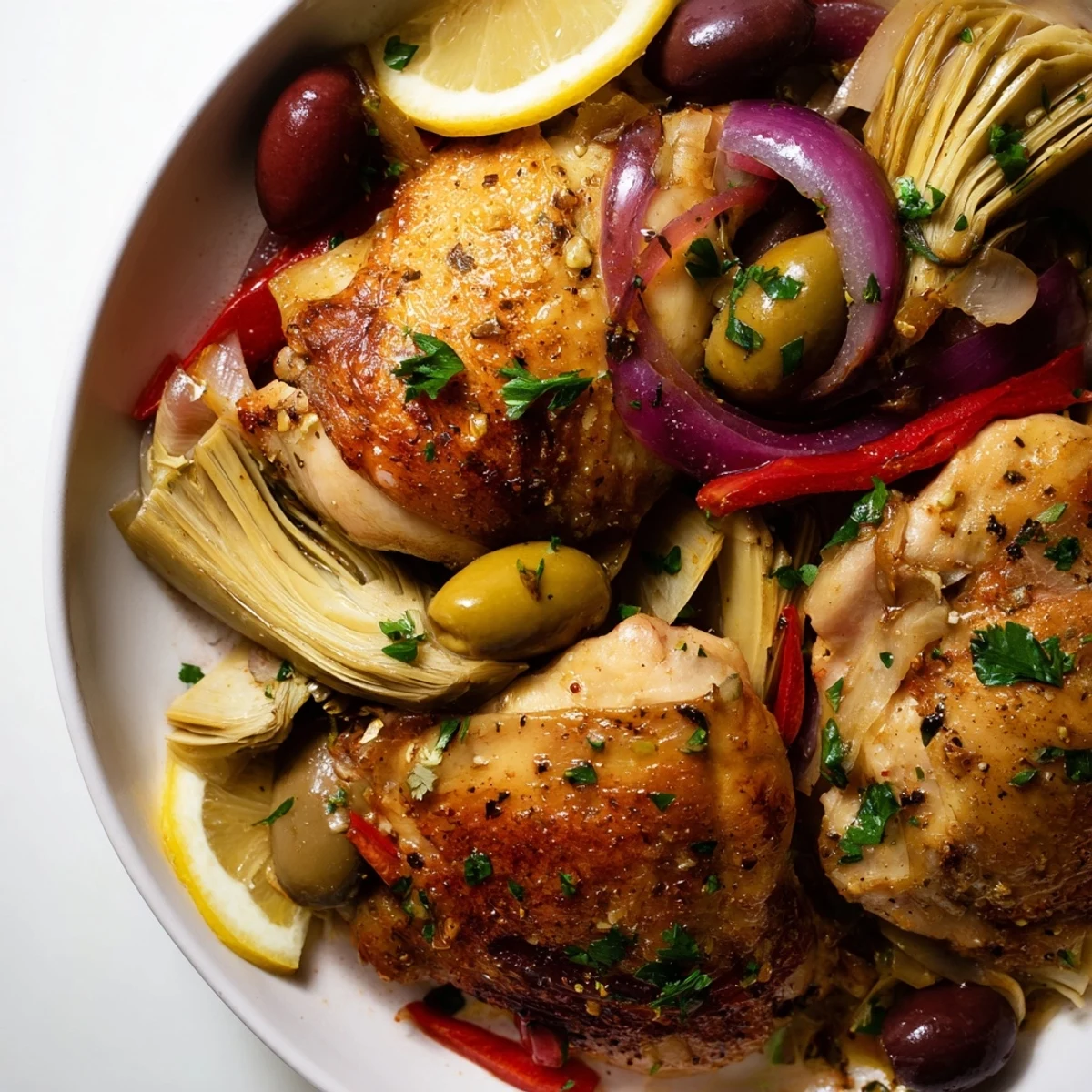Golden-brown chicken thighs roasted with tender artichokes and briny olives on a sheet pan, garnished with fresh parsley.