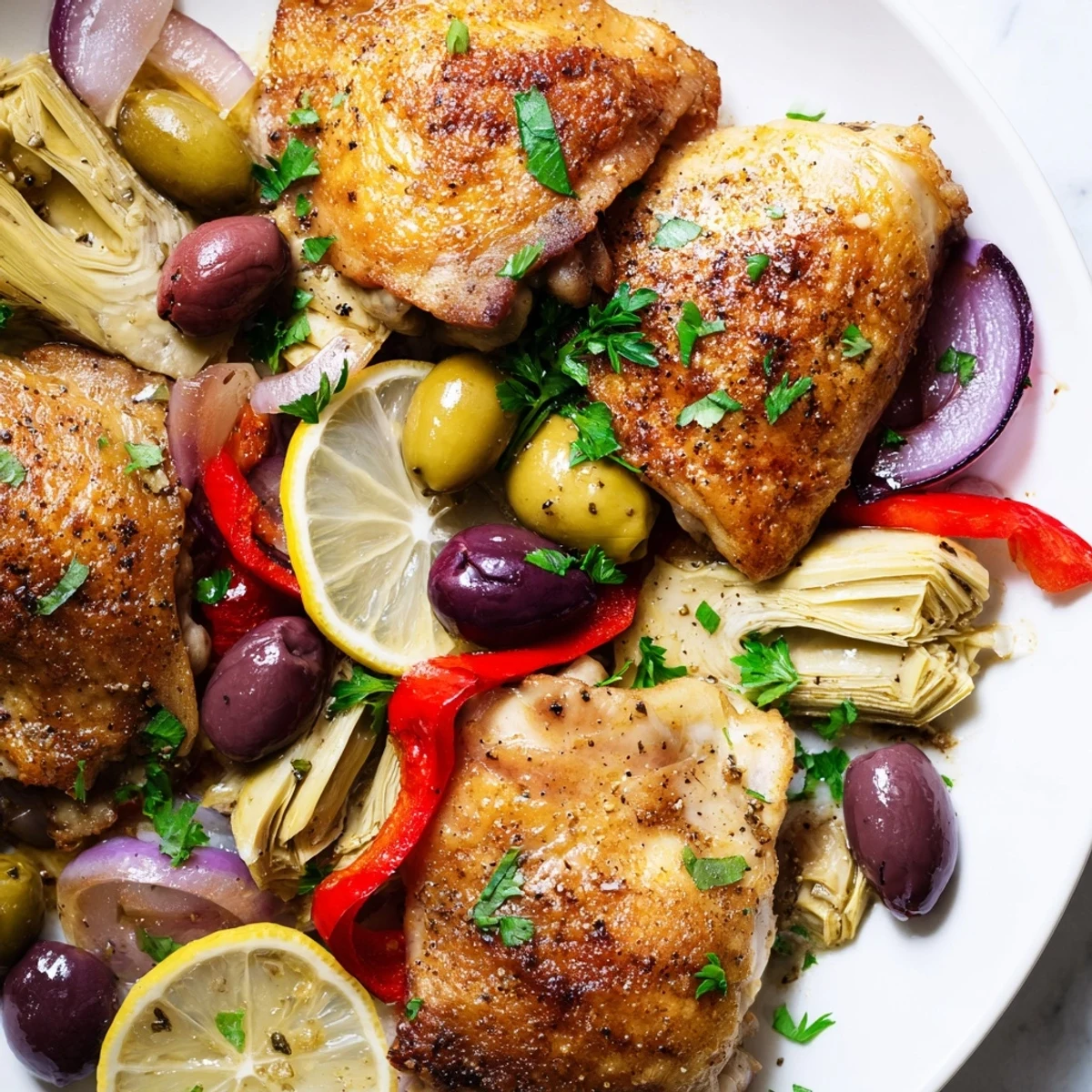 A vibrant Mediterranean one-pan meal featuring juicy chicken, red bell peppers, and olives, perfect for an easy weeknight dinner.