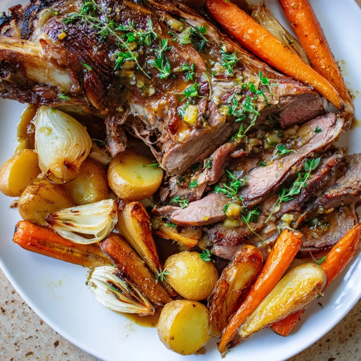A golden-brown slow roasted leg of lamb with lemon and oregano rests beside tender roasted potatoes and carrots on a serving platter.