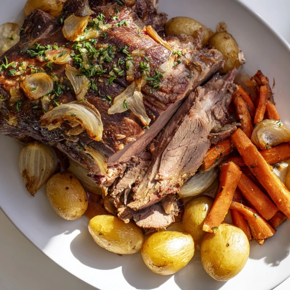 Juicy slices of slow roasted leg of lemon oregano lamb are arranged over roasted vegetables, with fresh oregano sprigs as a garnish.