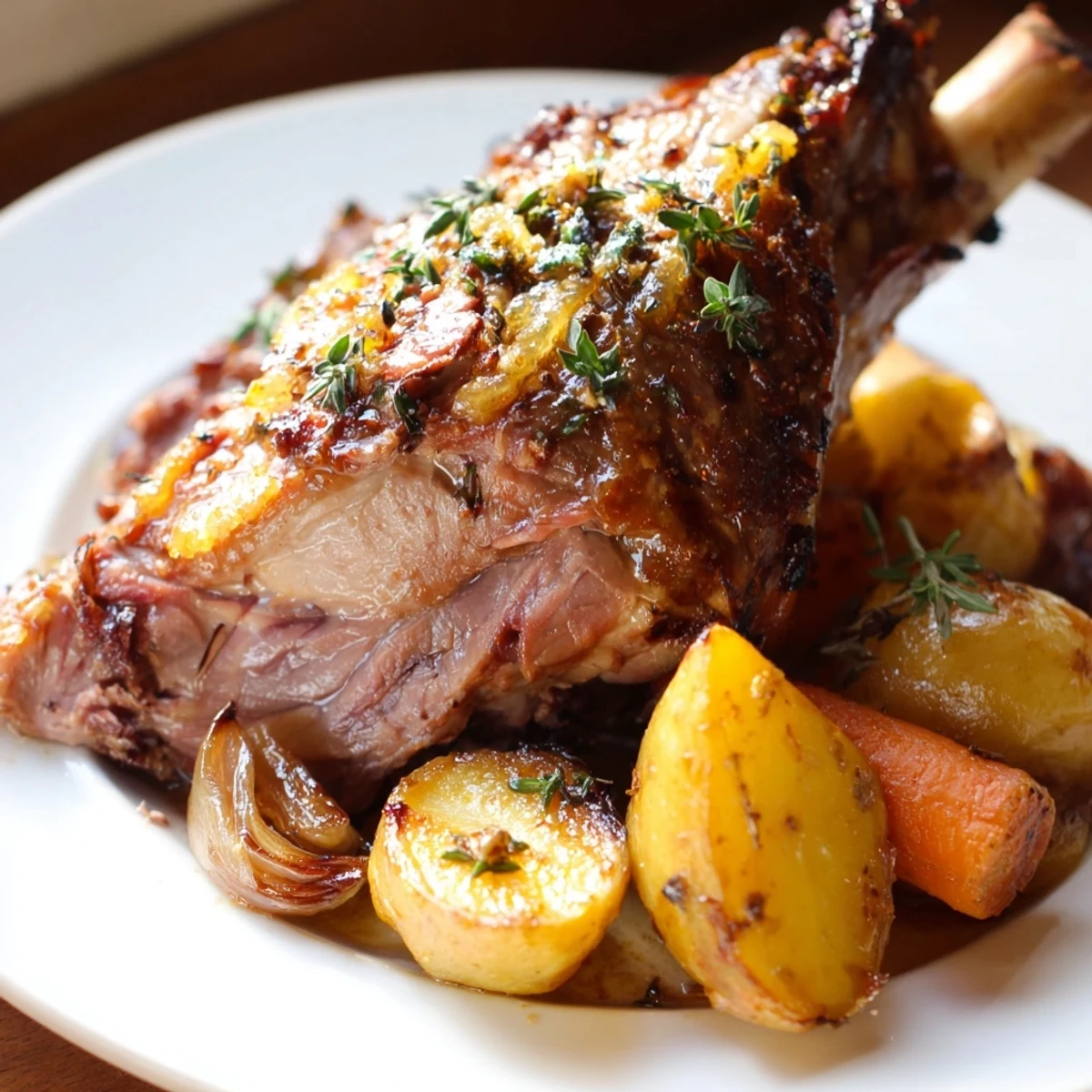 A close-up of slow roasted leg of lamb with lemon and oregano reveals herb-speckled crust and glistening pan juices over potatoes.